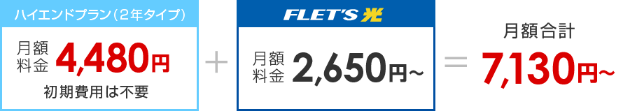 ハイエンドプラン（2年タイプ）月額料金4,480円（初期費用は不要）＋フレッツ光 月額料金2,650円～＝月額合計7,130円～