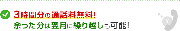 3時間分の通話料無料！余った分は翌月に繰り越しも可能！