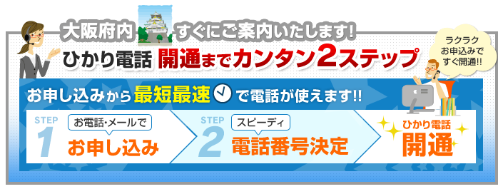 大阪府内でのひかり電話開通まで簡単2ステップ